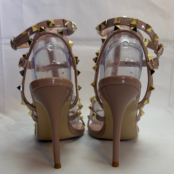 Pink/Tan Studded Sandals Belt Rivet Heels Women’s sz 8 - Picture 5 of 9
